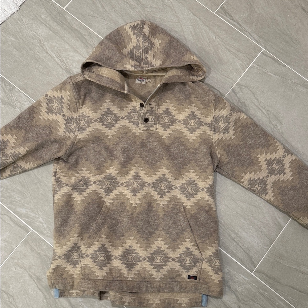 Faherty Beige and Taupe Geometric Aztec Hoodie.